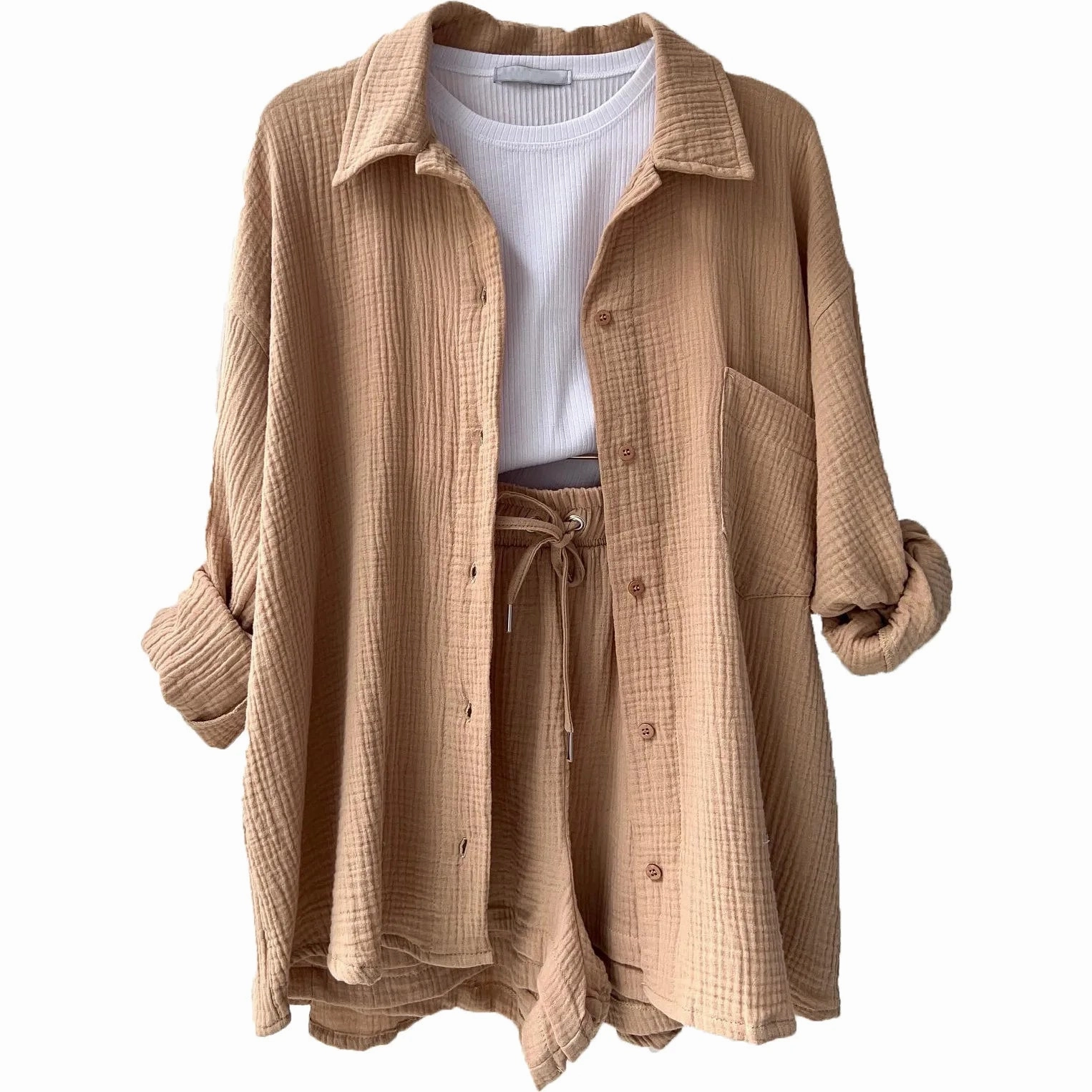 Solid Color Casual Loose Short Pants Set for Women Summer Two-Piece Outfit Mini Skirt Suit with Pockets and Turn-Down Collar