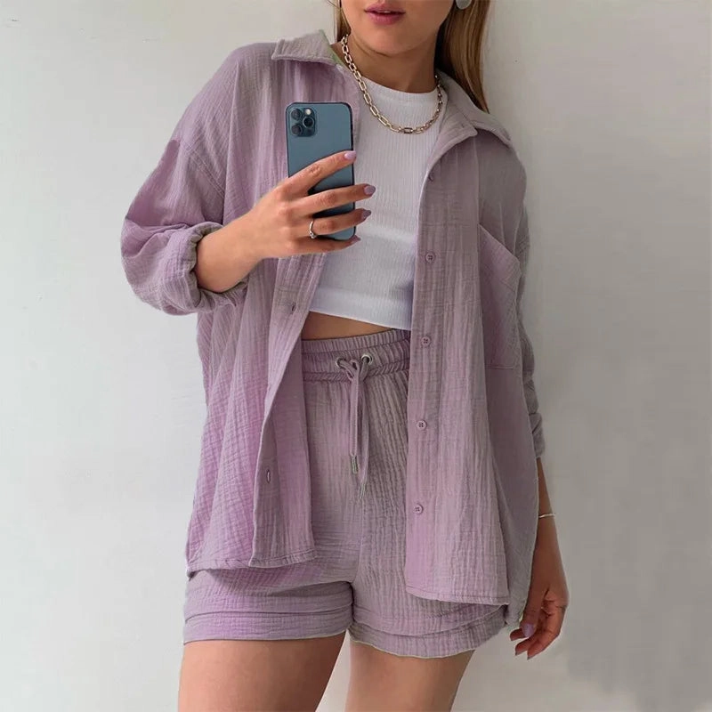 Solid Color Casual Loose Short Pants Set for Women Summer Two-Piece Outfit Mini Skirt Suit with Pockets and Turn-Down Collar