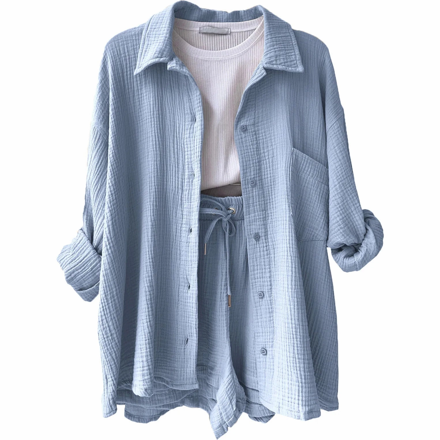 Solid Color Casual Loose Short Pants Set for Women Summer Two-Piece Outfit Mini Skirt Suit with Pockets and Turn-Down Collar