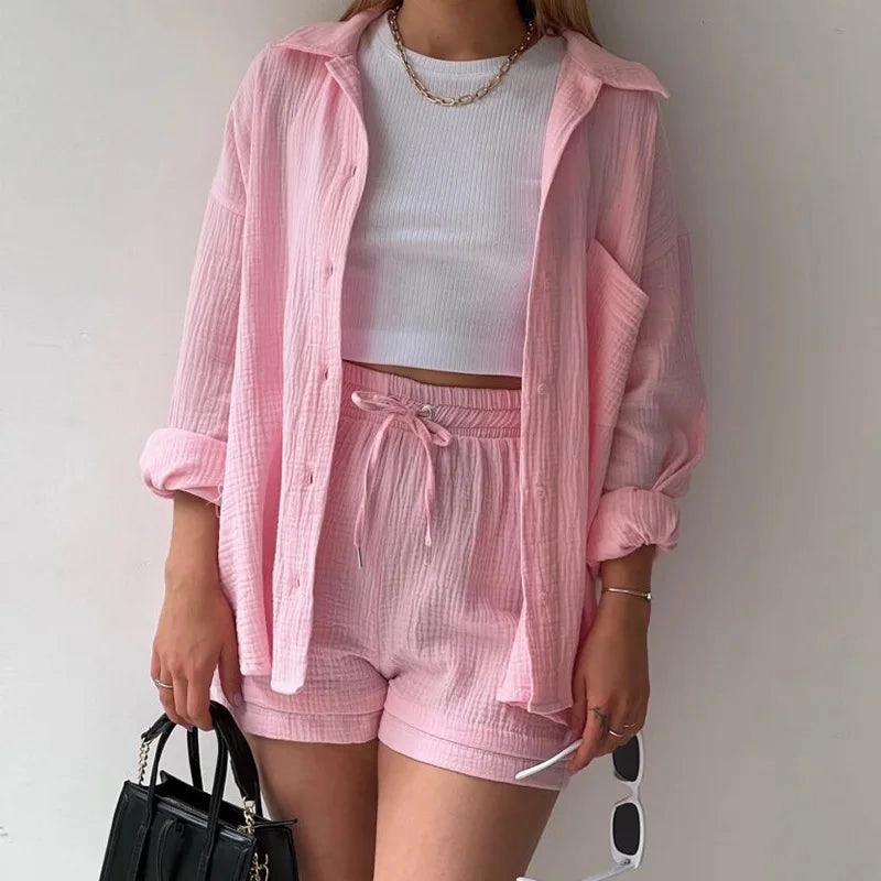 Solid Color Casual Loose Short Pants Set for Women Summer Two-Piece Outfit Mini Skirt Suit with Pockets and Turn-Down Collar