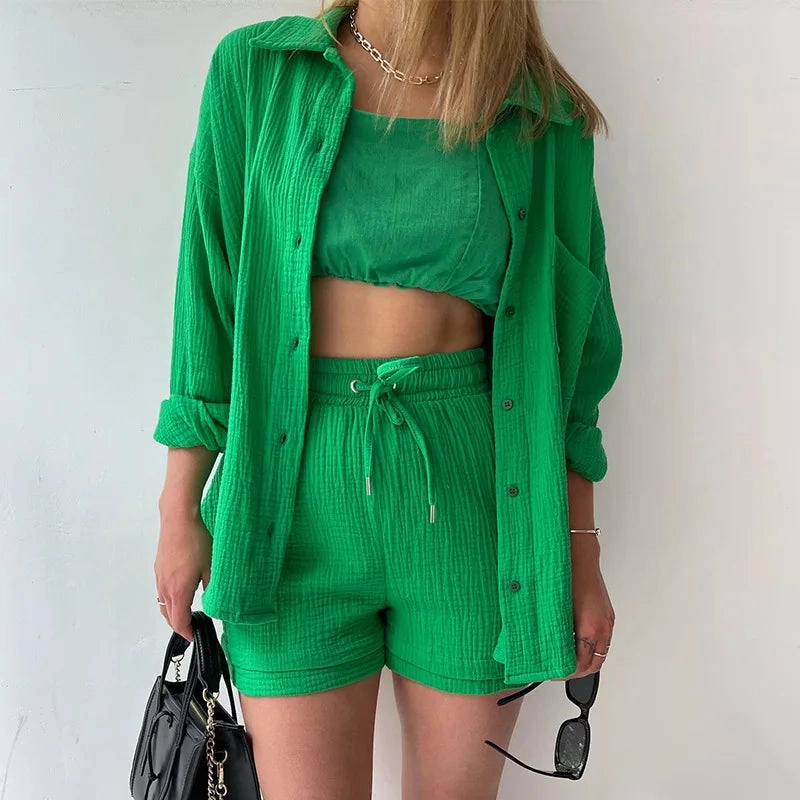 Solid Color Casual Loose Short Pants Set for Women Summer Two-Piece Outfit Mini Skirt Suit with Pockets and Turn-Down Collar