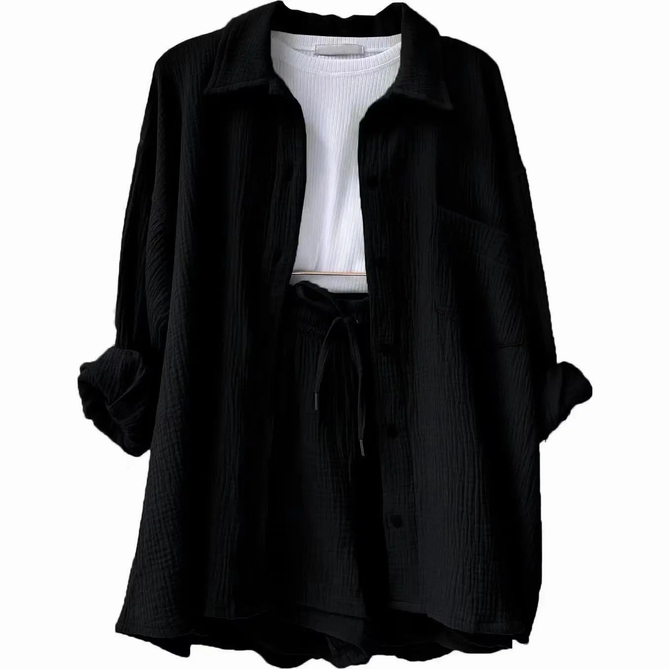 Solid Color Casual Loose Short Pants Set for Women Summer Two-Piece Outfit Mini Skirt Suit with Pockets and Turn-Down Collar