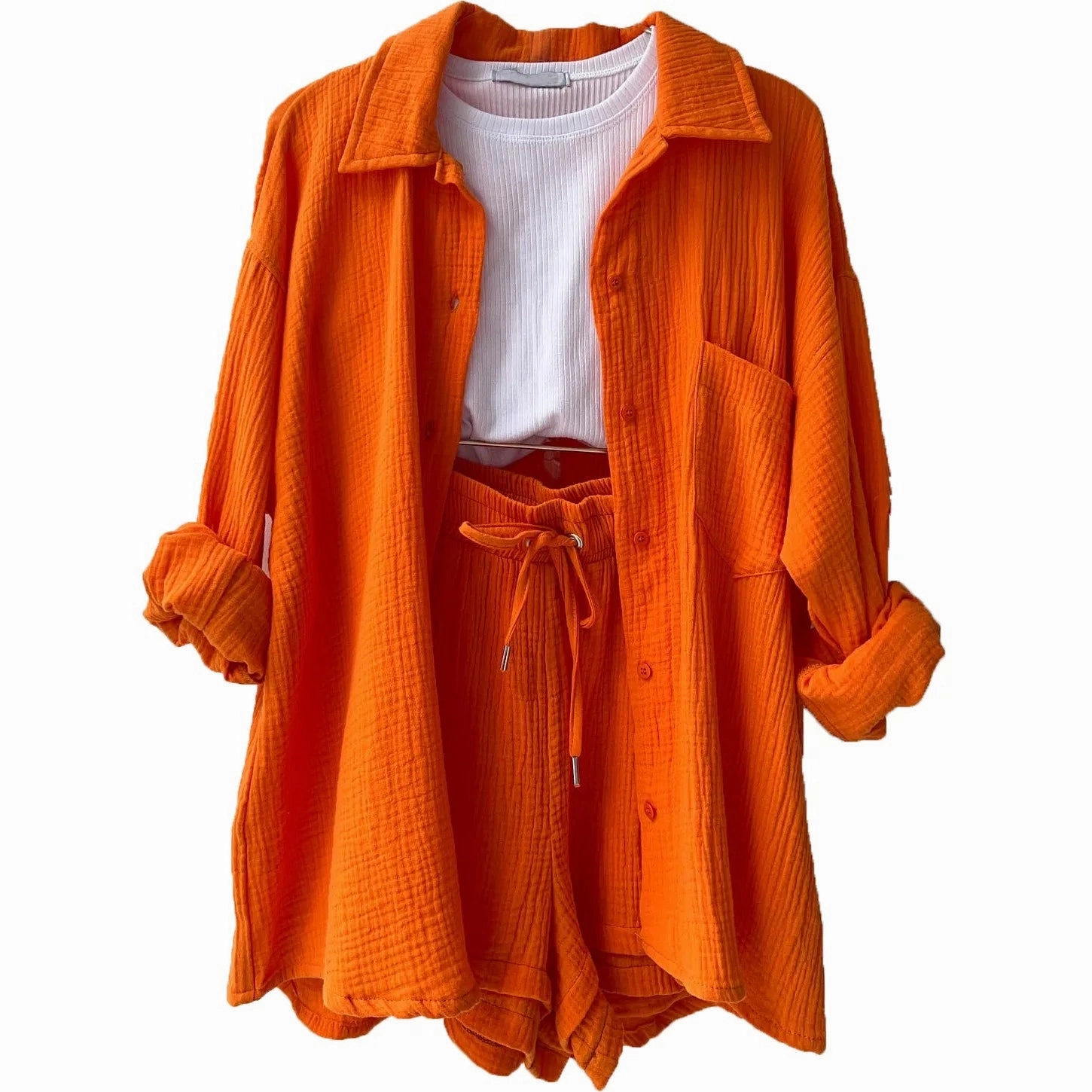 Solid Color Casual Loose Short Pants Set for Women Summer Two-Piece Outfit Mini Skirt Suit with Pockets and Turn-Down Collar