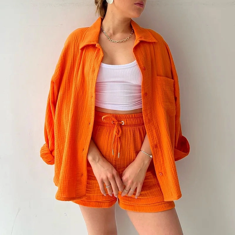 Solid Color Casual Loose Short Pants Set for Women Summer Two-Piece Outfit Mini Skirt Suit with Pockets and Turn-Down Collar