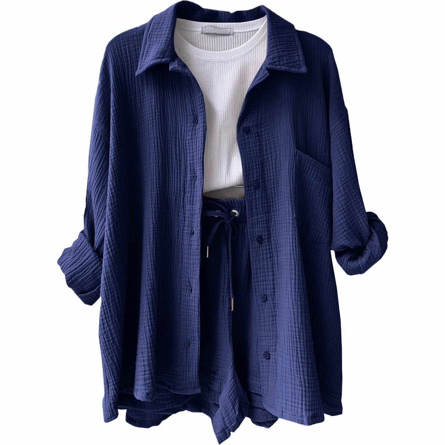 Solid Color Casual Loose Short Pants Set for Women Summer Two-Piece Outfit Mini Skirt Suit with Pockets and Turn-Down Collar