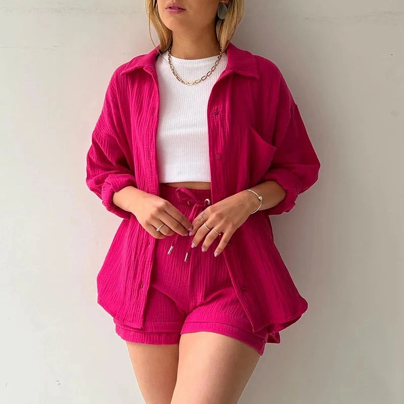 Solid Color Casual Loose Short Pants Set for Women Summer Two-Piece Outfit Mini Skirt Suit with Pockets and Turn-Down Collar