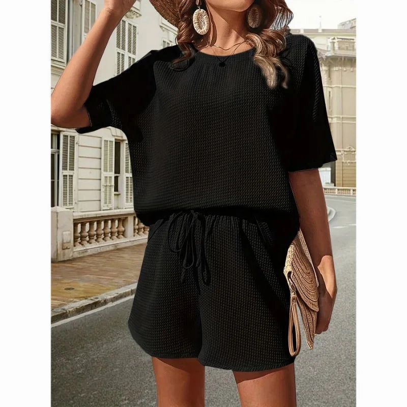Solid Color Casual Loose Short Pants Sets For Women Elegant Summer Two Pieces Suit Full Set Outfit