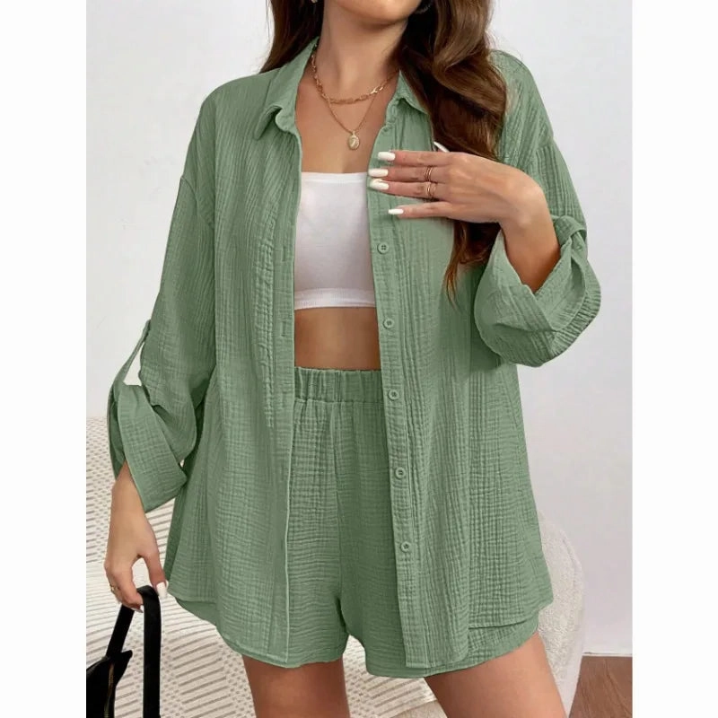 Solid Color Casual Loose Short Pants Sets For Women Elegant Summer Two Pieces Suit Full Set Stylish Outfit