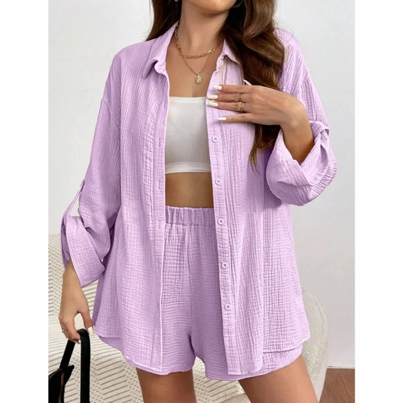 Solid Color Casual Loose Short Pants Sets For Women Elegant Summer Two Pieces Suit Full Set Stylish Outfit