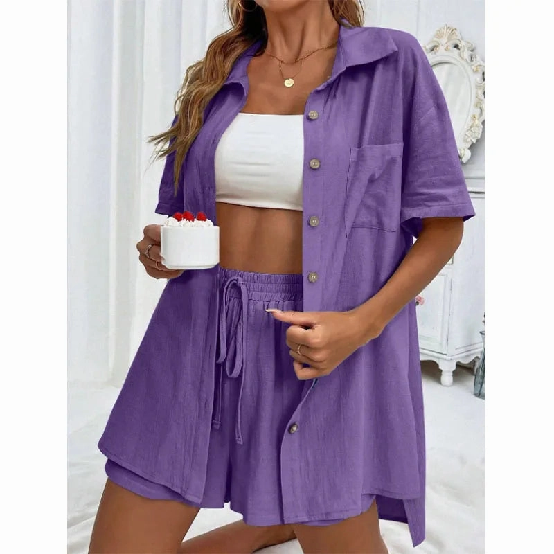 Solid Color Casual Loose Short Pants Sets For Women Summer Chic Two Piece Outfit