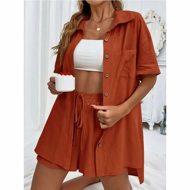 Solid Color Casual Loose Short Pants Sets For Women Summer Chic Two Piece Outfit