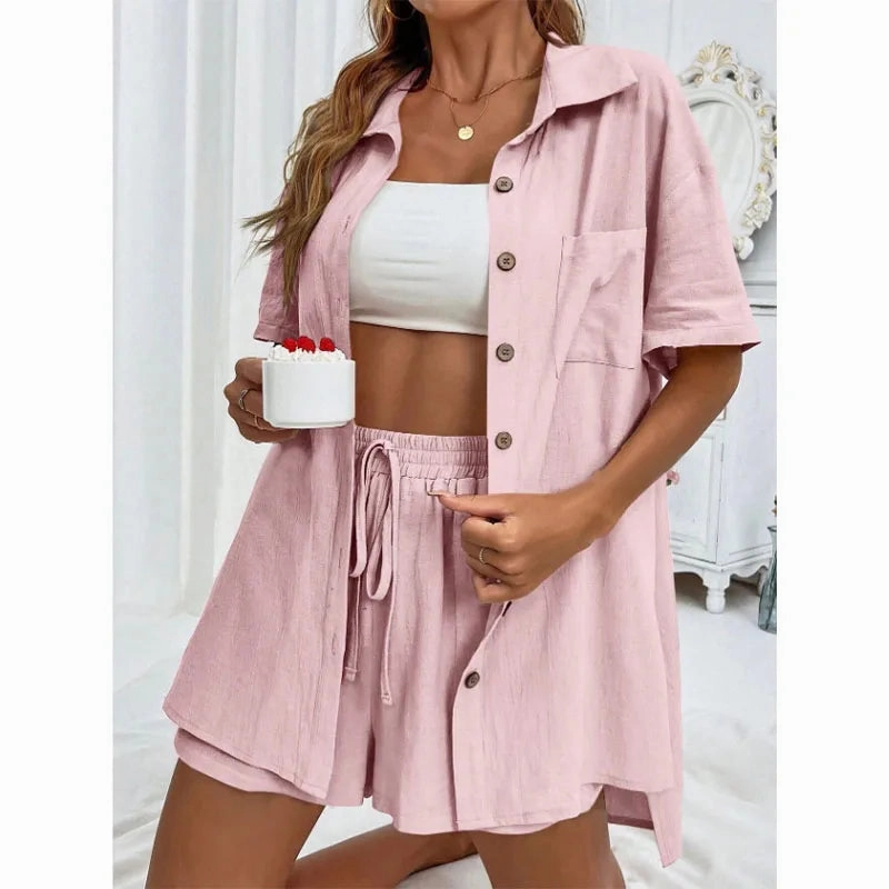 Solid Color Casual Loose Short Pants Sets For Women Summer Chic Two Piece Outfit