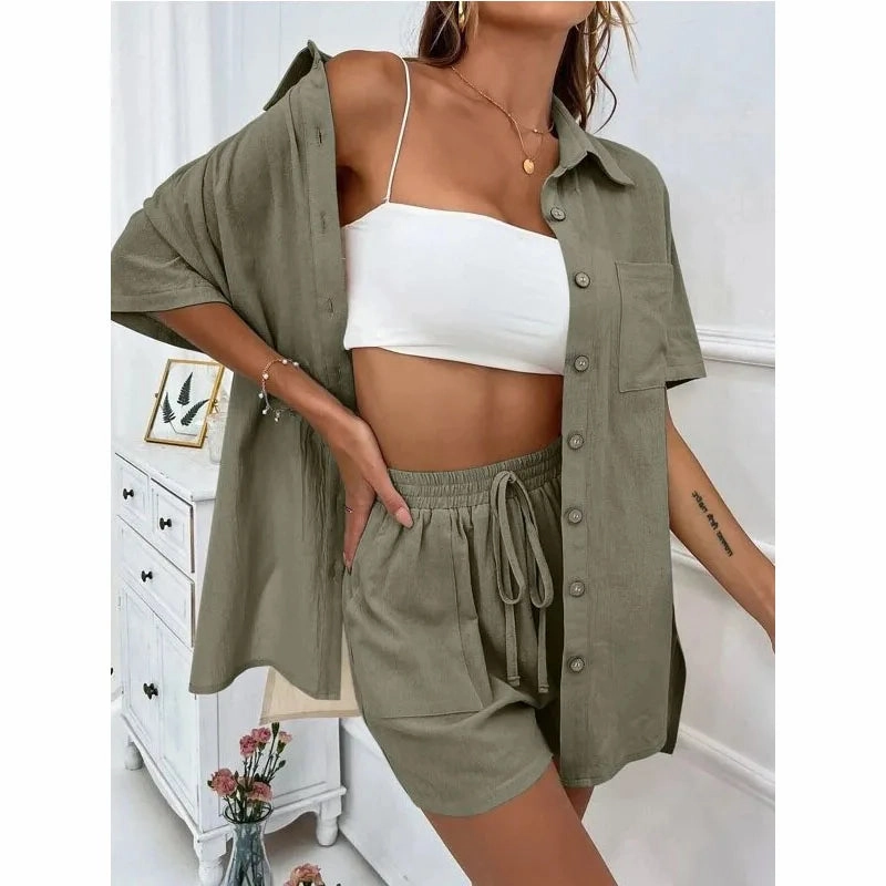 Solid Color Casual Loose Short Pants Sets For Women Summer Chic Two Piece Outfit