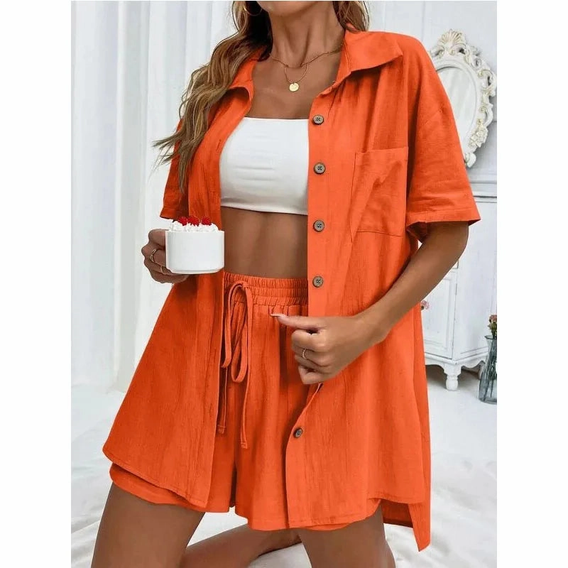 Solid Color Casual Loose Short Pants Sets For Women Summer Chic Two Piece Outfit