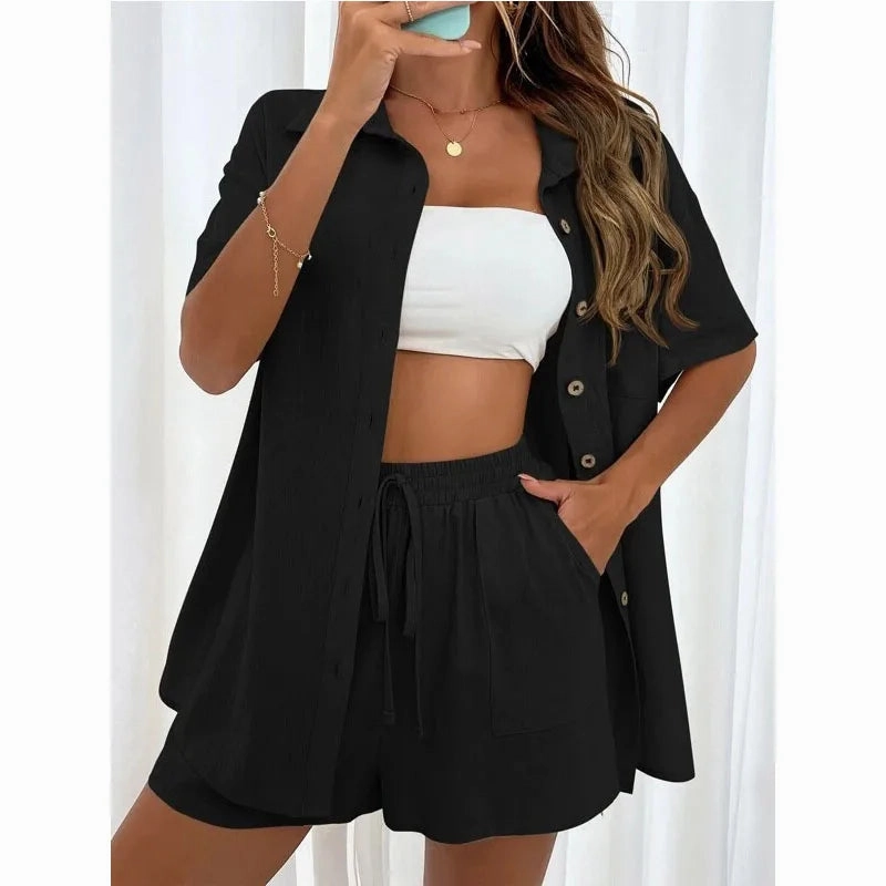Solid Color Casual Loose Short Pants Sets For Women Summer Chic Two Piece Outfit