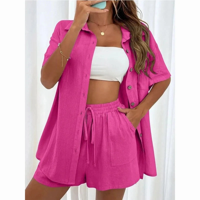 Solid Color Casual Loose Short Pants Sets For Women Summer Chic Two Piece Outfit