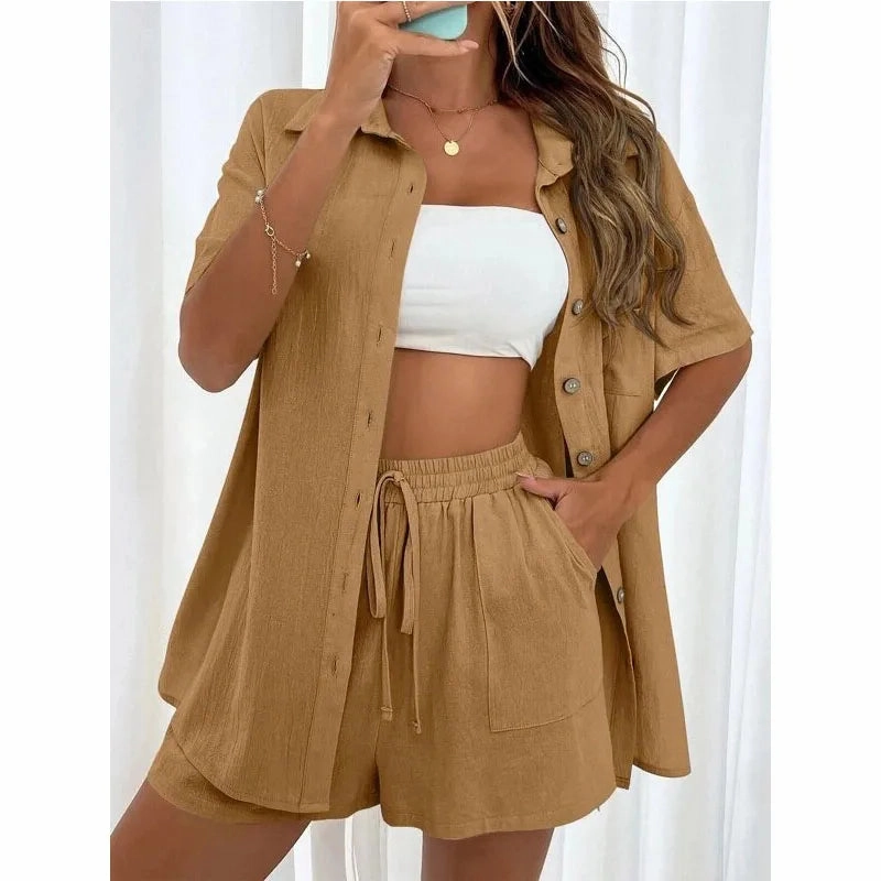 Solid Color Casual Loose Short Pants Sets For Women Summer Chic Two Piece Outfit
