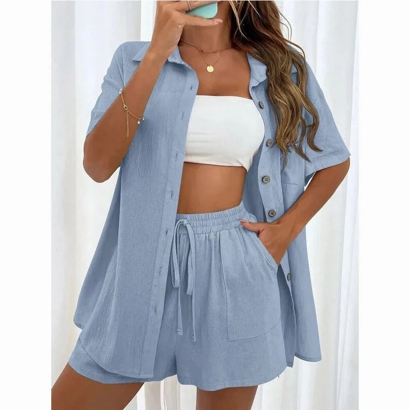 Solid Color Casual Loose Short Pants Sets For Women Summer Chic Two Piece Outfit