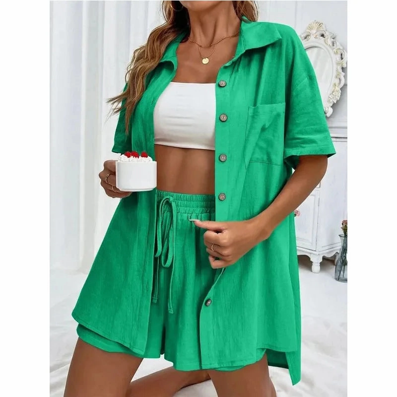 Solid Color Casual Loose Short Pants Sets For Women Summer Chic Two Piece Outfit