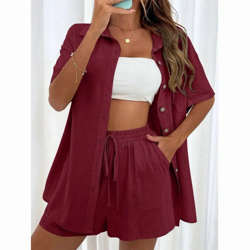 Solid Color Casual Loose Short Pants Sets For Women Summer Chic Two Piece Outfit