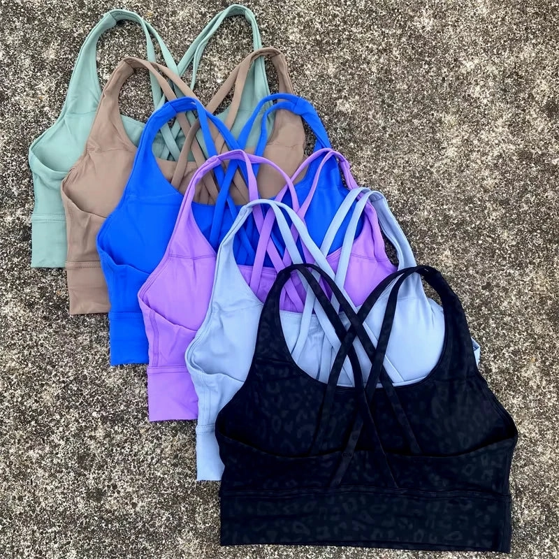 Solid Color Cross Back Sports Bra with Multiple Straps