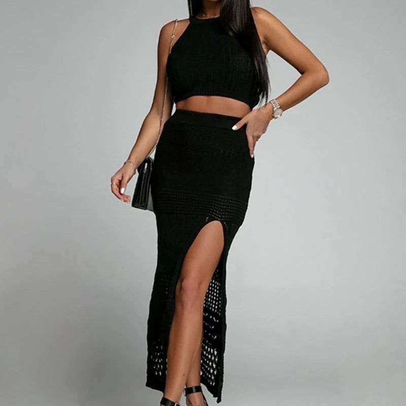 Solid Color Knit Tank Top Dress for Women Ankle-Length Hollow Out Beach Cover Up Suitable for Summer Beachwear and Casual Occasions