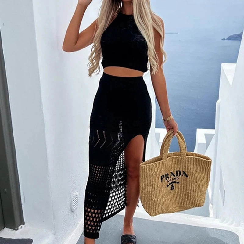 Solid Color Knit Tank Top Dress for Women Ankle-Length Hollow Out Beach Cover Up Suitable for Summer Beachwear and Casual Occasions