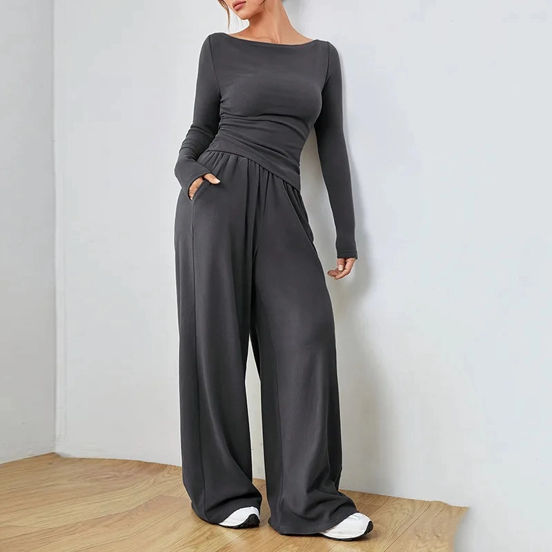 Solid Color Women's Summer Two Piece Pants Set Loose Fit Full Trousers for Casual and Fashionable Looks