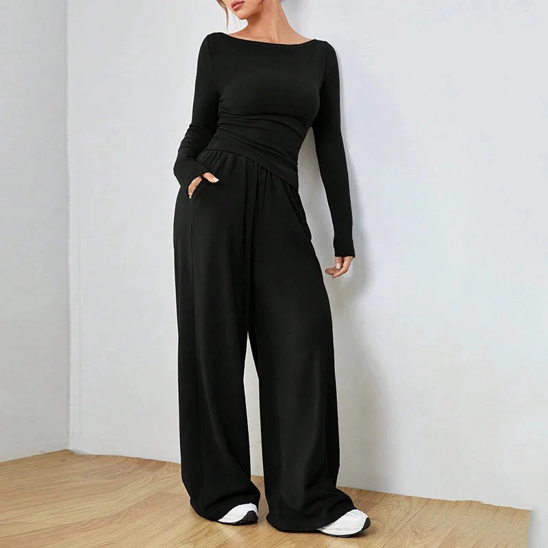 Solid Color Women's Summer Two Piece Pants Set Loose Fit Full Trousers for Casual and Fashionable Looks