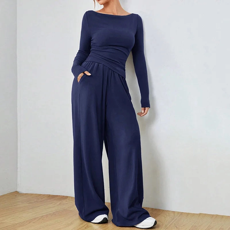 Solid Color Women's Summer Two Piece Pants Set Loose Fit Full Trousers for Casual and Fashionable Looks