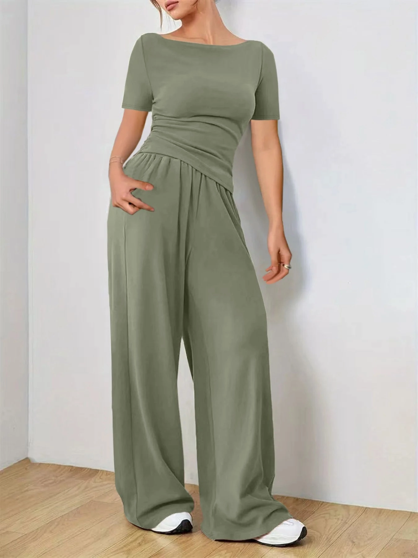 Solid Color Women's Summer Two Piece Pants Set Loose Fit Full Trousers for Casual and Fashionable Looks