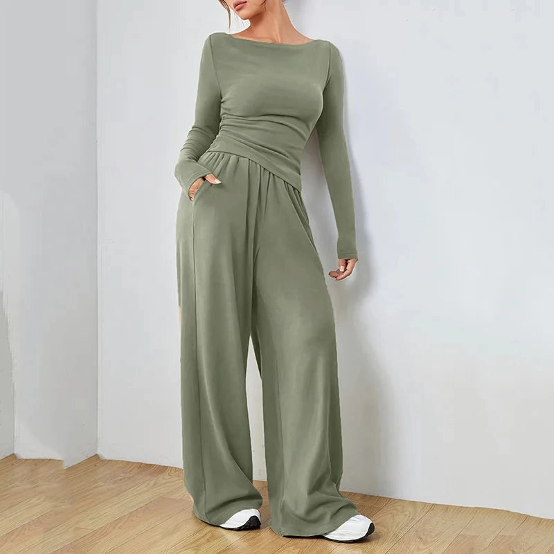 Solid Color Women's Summer Two Piece Pants Set Loose Fit Full Trousers for Casual and Fashionable Looks