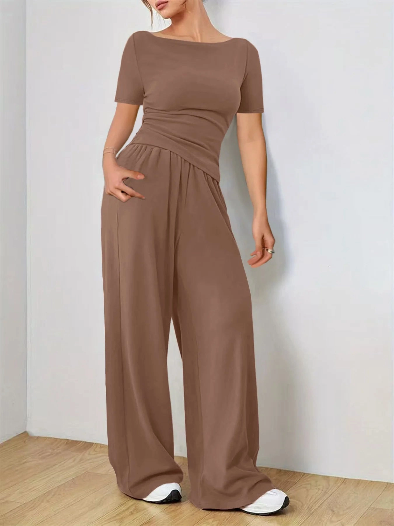 Solid Color Women's Summer Two Piece Pants Set Loose Fit Full Trousers for Casual and Fashionable Looks