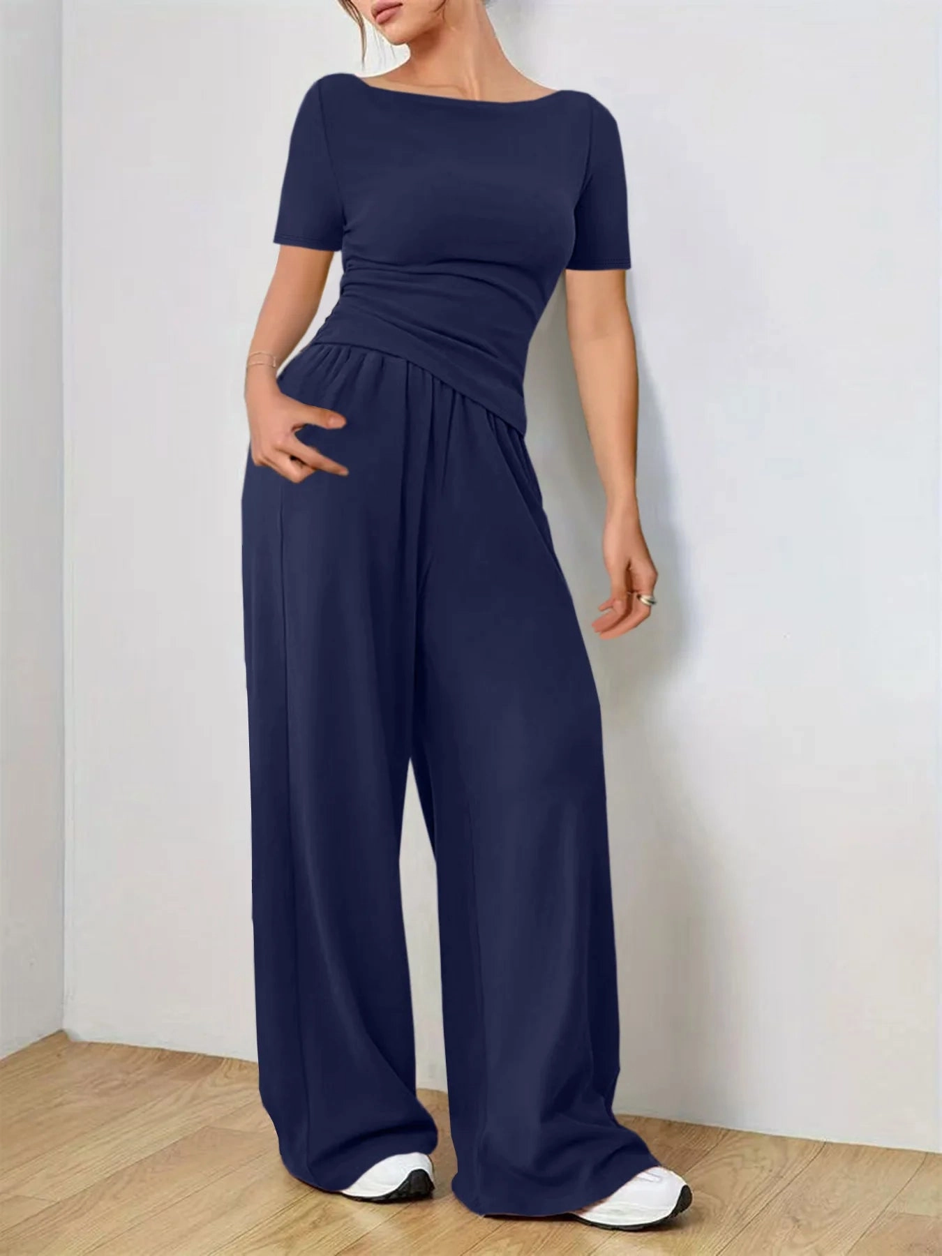 Solid Color Women's Summer Two Piece Pants Set Loose Fit Full Trousers for Casual and Fashionable Looks