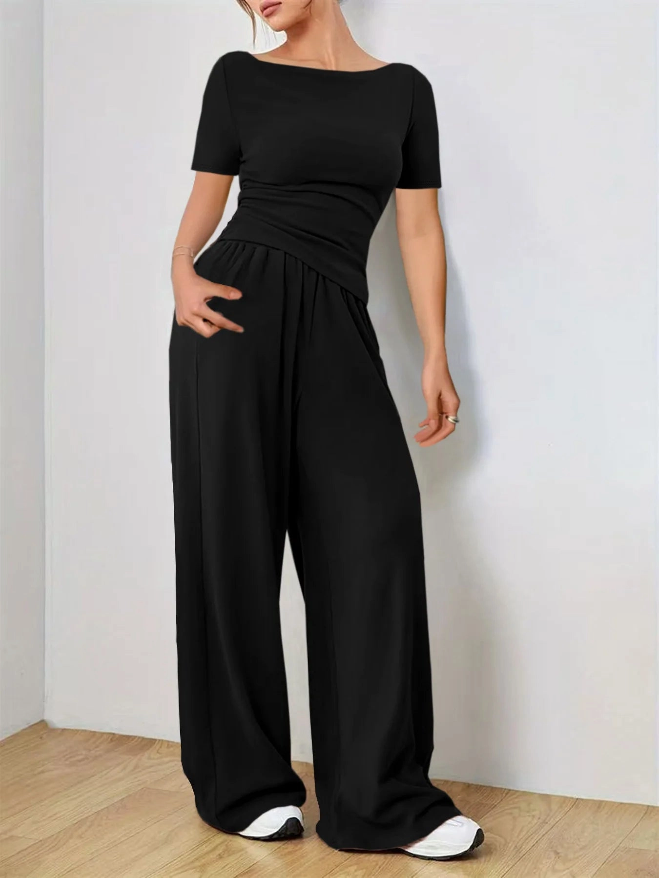 Solid Color Women's Summer Two Piece Pants Set Loose Fit Full Trousers for Casual and Fashionable Looks