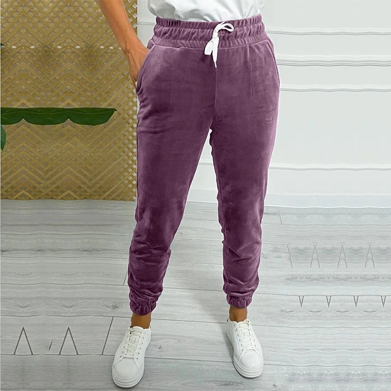 Solid Drawstring Velvet Jogger Pants for Women, Comfy Fall & Winter Wear