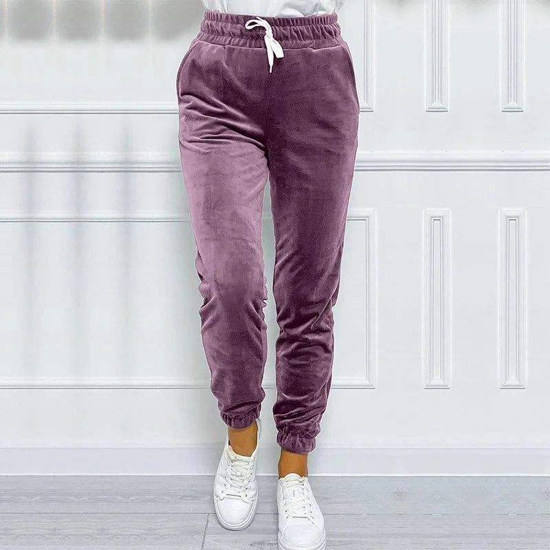 Solid Drawstring Velvet Jogger Pants for Women, Comfy Fall & Winter Wear