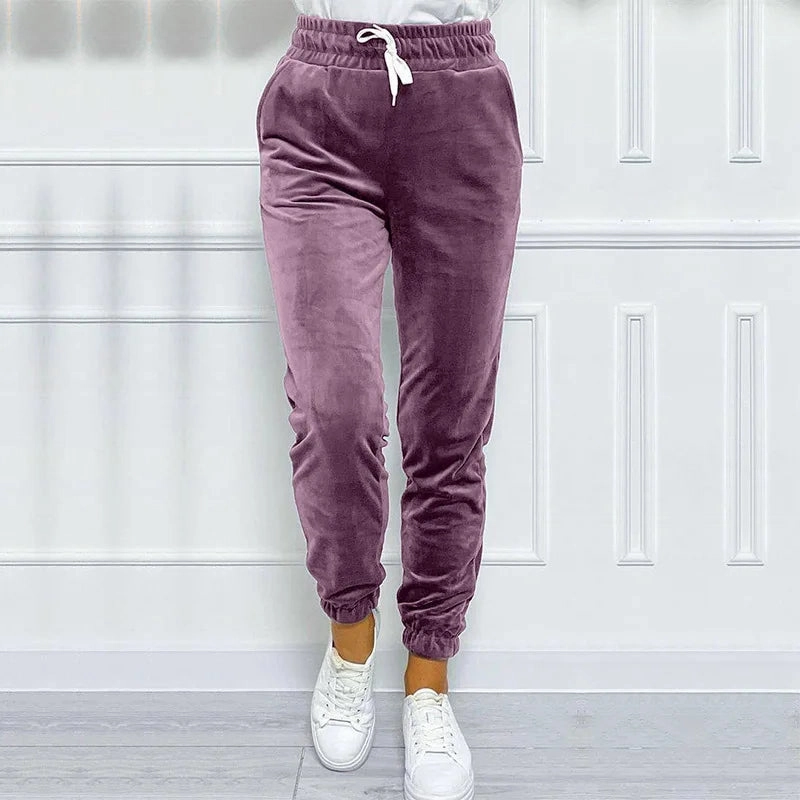 Solid Drawstring Velvet Jogger Pants for Women, Comfy Fall & Winter Wear
