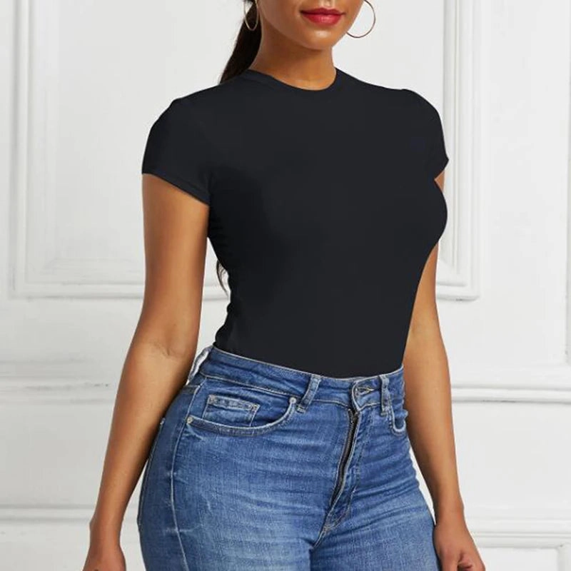 Solid One Piece Bodysuit Short Sleeve O Neck Sexy Open Overall for Women Tight Fitting Body Top Perfect for Summer Parties and Clubbing