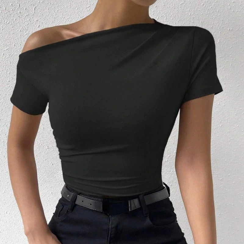 Solid One Shoulder T-shirt, Elegant Short Sleeve Ruched Top for Spring & Summer, Women's Clothing