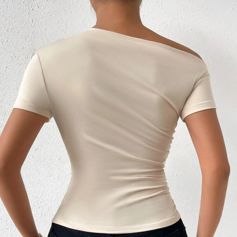 Solid One Shoulder T-shirt, Elegant Short Sleeve Ruched Top for Spring & Summer, Women's Clothing