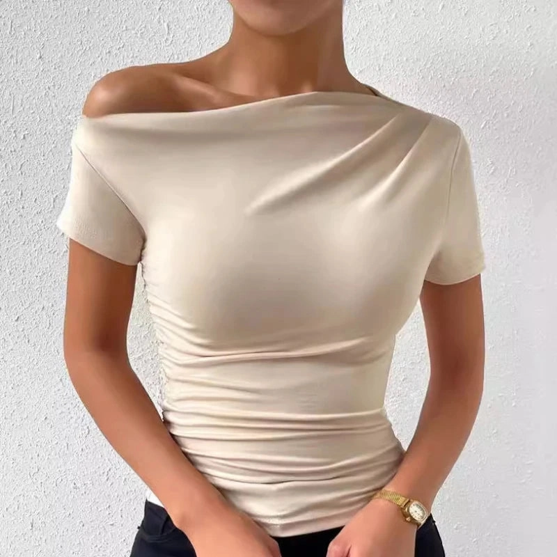 Solid One Shoulder T-shirt, Elegant Short Sleeve Ruched Top for Spring & Summer, Women's Clothing