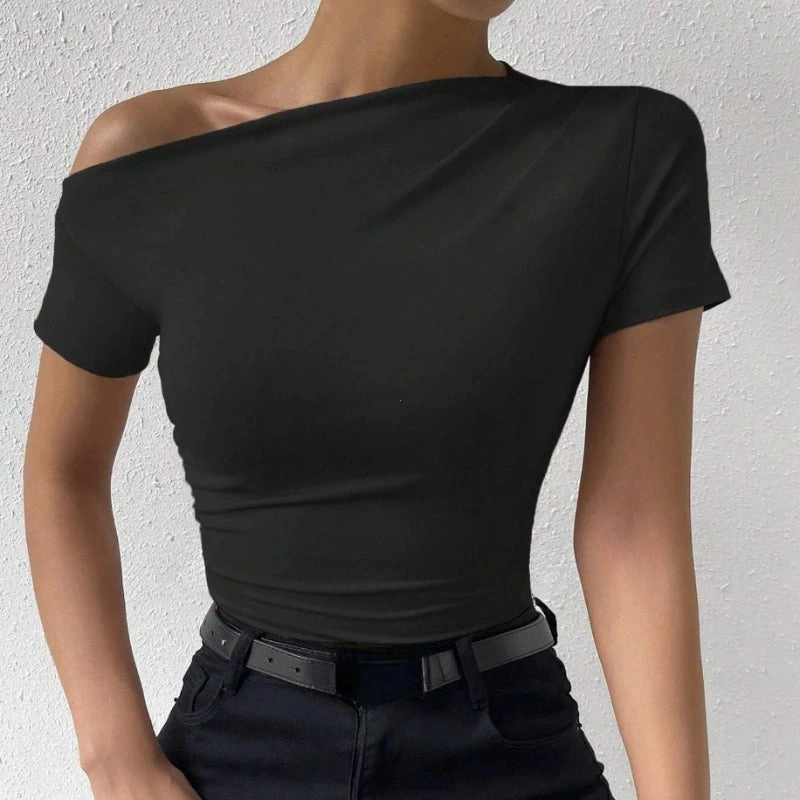 Solid One Shoulder T-shirt, Elegant Short Sleeve Ruched Top for Spring & Summer, Women's Clothing