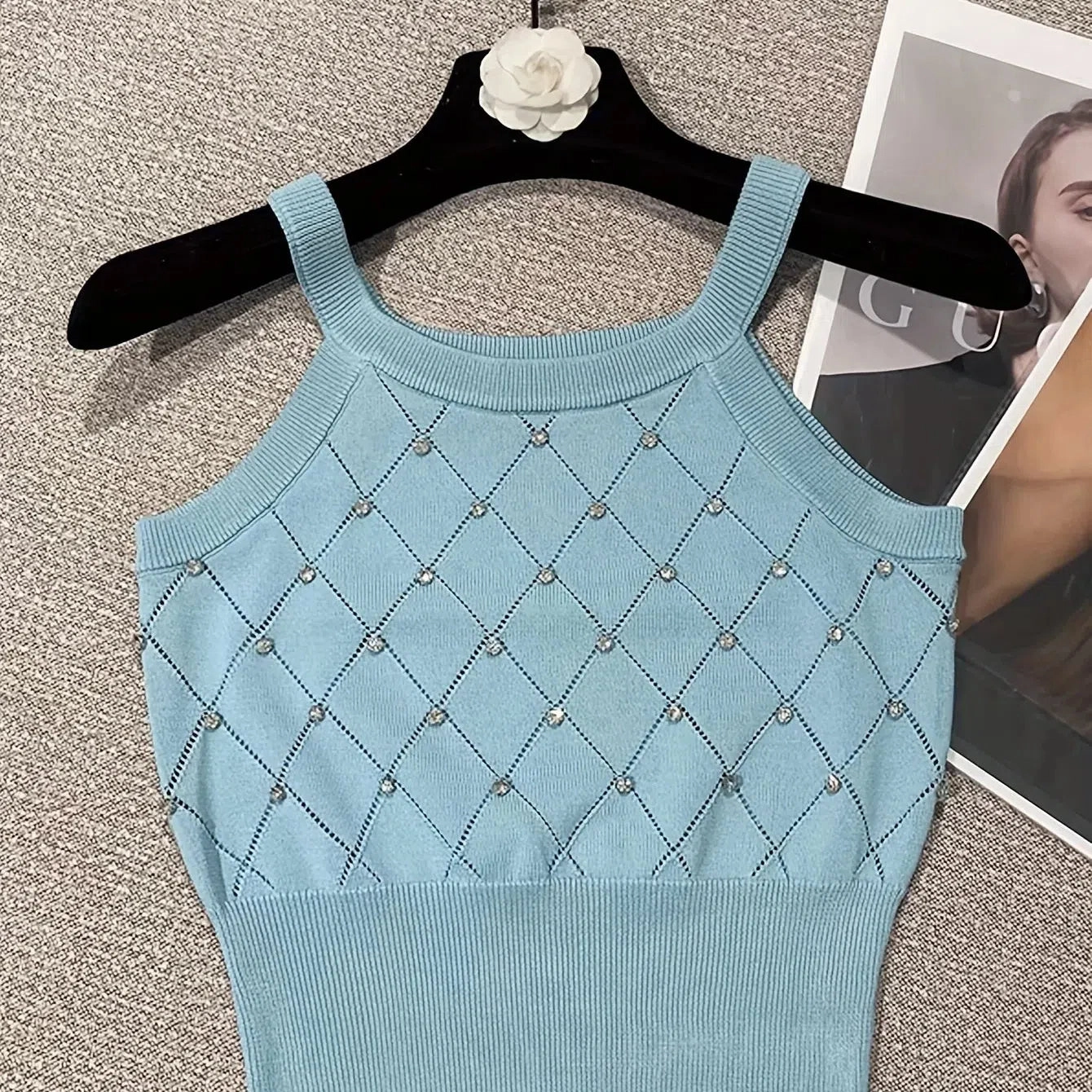 Solid Rhinestone Eyelet Spaghetti Top Casual Cami For Summer