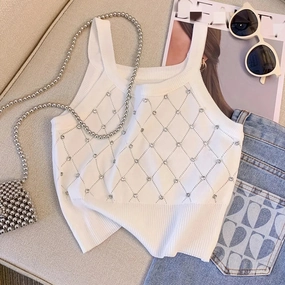 Solid Rhinestone Eyelet Spaghetti Top Casual Cami For Summer