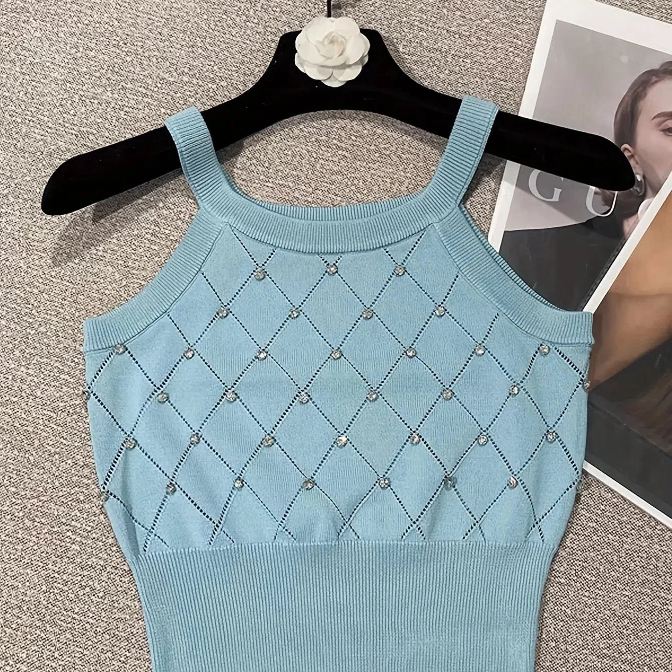 Solid Rhinestone Eyelet Spaghetti Top Casual Cami For Summer