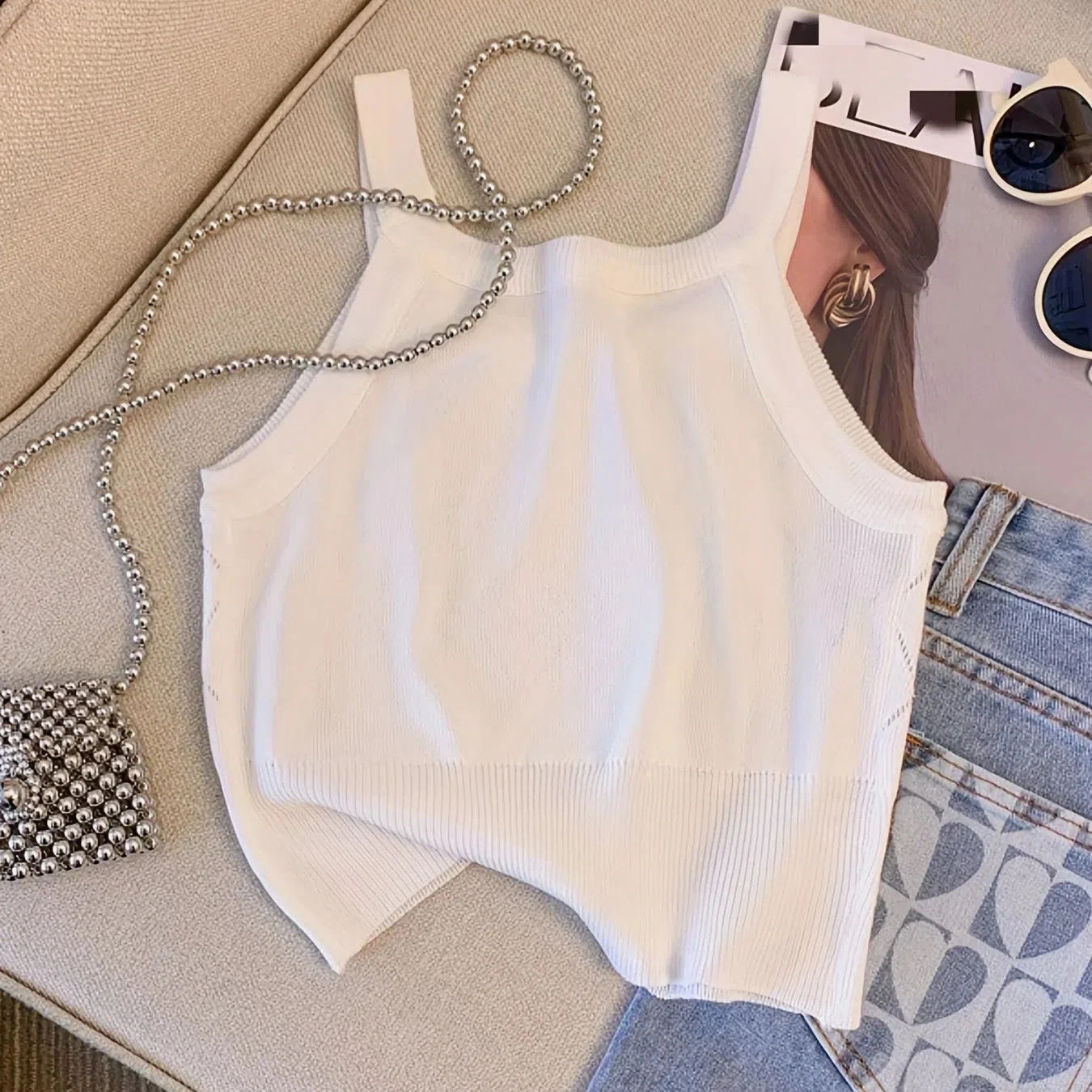 Solid Rhinestone Eyelet Spaghetti Top Casual Cami For Summer