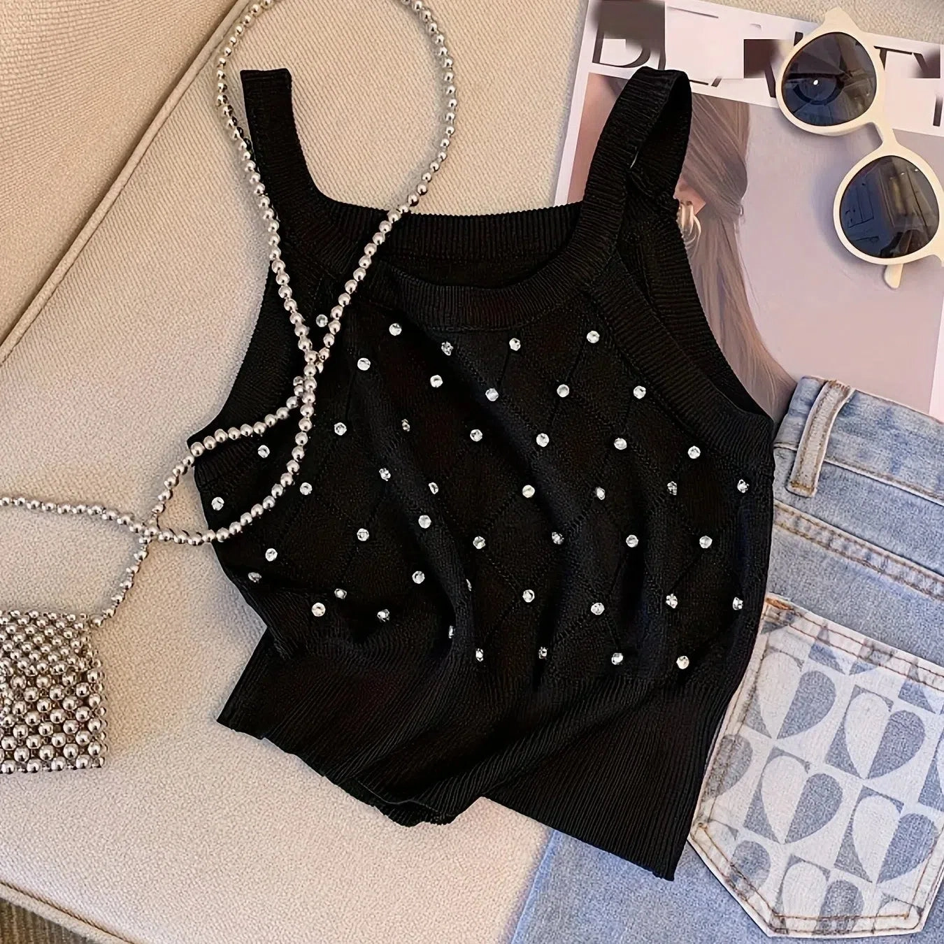 Solid Rhinestone Eyelet Spaghetti Top Casual Cami For Summer