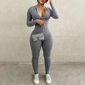 Solid Sports Jumpsuits Women Autumn Long Sleeve Zipper Rompers Casual Fitness Yoga Overall