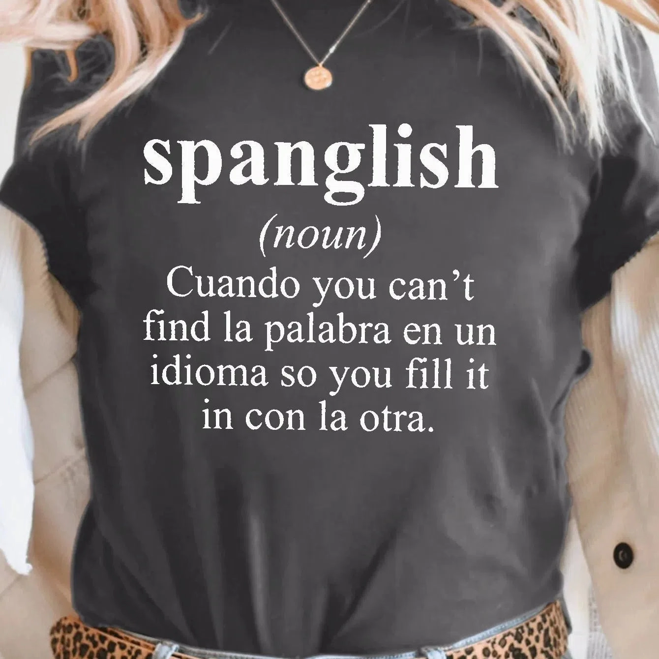 Spanglish Print T-shirt, Short Sleeve Crew Neck Casual Top For Summer & Spring, Women's Clothing